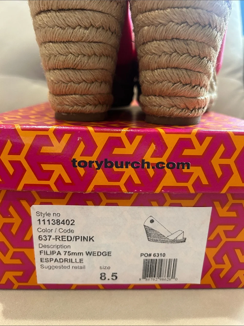 Tory Burch Two-Tone Pink and Red Canvas Wedge Espadrille